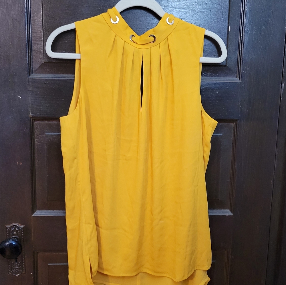 NWOT WHBM yellow top with tie neck detail size L
